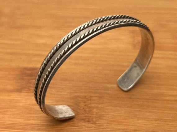 Taxco Silver Bracelet, Rope Design Cuff, Mexican Silver Jewelry