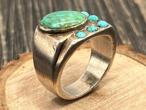 Vintage Turquoise Ring Size 11.5 Sterling Silver Southwestern Men's Statement Band Old Pawn Style