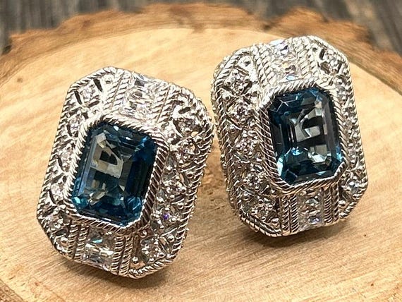 Vintage Judith Ripka Blue Stone & CZ Sterling Silver Earrings, Designer Jewelry, Statement Earrings