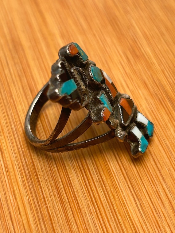 Zuni Rain Dancer Ring Sterling Silver Inlaid Stone - image 3