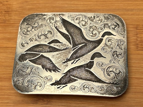 Vintage Hand-Engraved Sterling Silver Duck Hunting Belt Buckle - Signed & Dated 1975