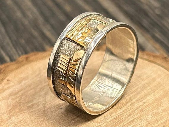 Vintage Navajo Storyteller Ring Sterling Silver 12K Gold Filled Size 11.75 Tom Sylvia Kee TSK Signed Hogans Wagon Landscape Band 6.5g