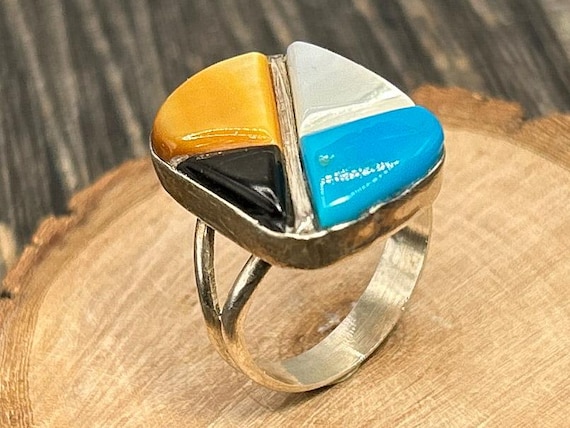 Navajo Bessie Manning Multi Stone Inlay Ring Sterling Silver Vintage Southwest