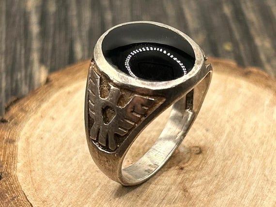 Vintage Sterling Silver Eagle Signet Ring, Size 10 3/4, Men's Onyx Jewelry
