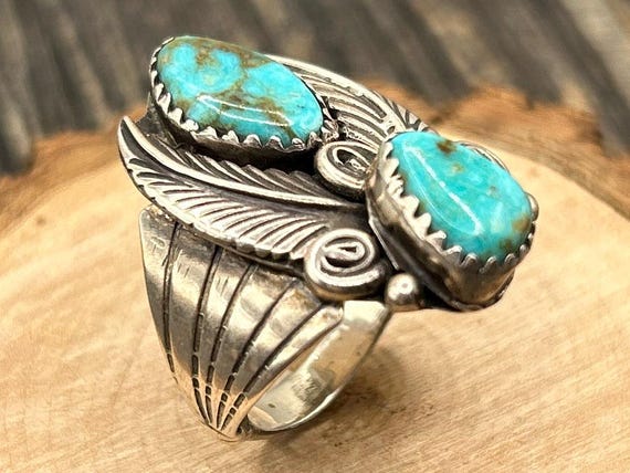 Navajo Turquoise Sterling Silver Ring, Size 7.25, Running Bear Stamp, Southwestern Jewelry