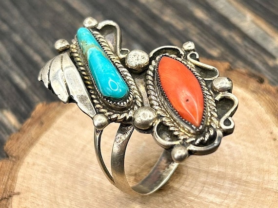 Southwestern Native American Split Shank Ring, Red Coral and Turquoise Sterling Silver, Size 12.5 Vintage