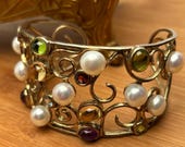 Enchanting Sterling Silver Multi-Gemstone Cuff Bracelet, Artisan-Crafted Style