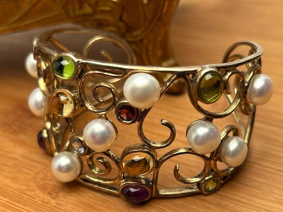 Enchanting Sterling Silver Multi-Gemstone Cuff Bracelet, Artisan-Crafted Style