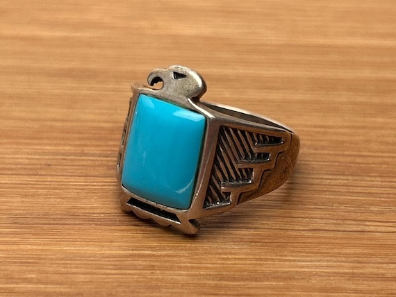 Vintage Navajo Native American Inspired Eagle Sleeping Beauty Turquoise Ring, Sterling Silver, Size 8 1/2, C. Sydney Smith Co.