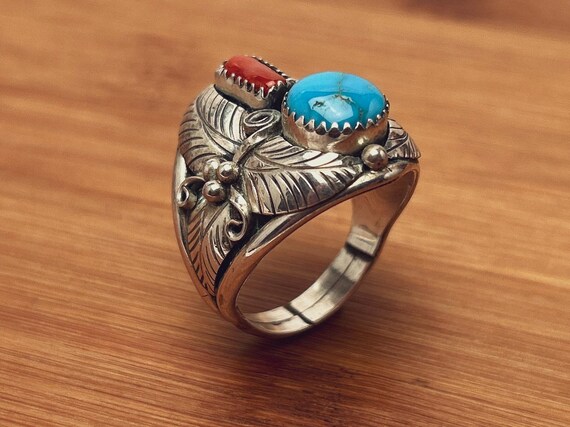 Vintage Navajo Sterling Silver Turquoise Coral Ring, D C Maker, Native American Floral Leaf Motif, Size 12.25