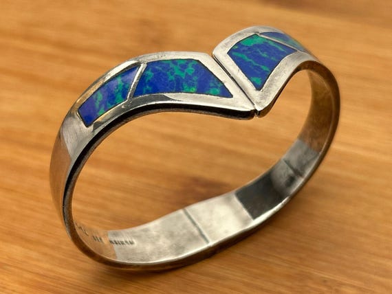 Vintage Taxco Mexico Sterling Silver Inlay Modernist Clamper Bracelet TL-83