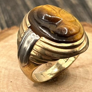 Mens Tiger Eye Cameo Ring, 10K Gold Two Tone, Vintage Roman Soldier Jewelry