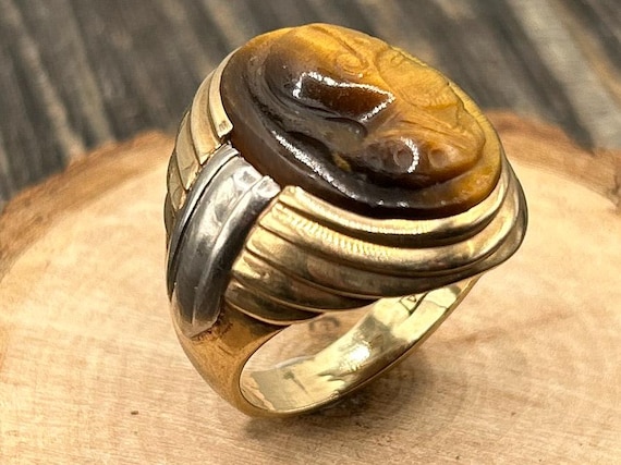 Mens Tiger Eye Cameo Ring, 10K Gold Two Tone, Vintage Roman Soldier Jewelry
