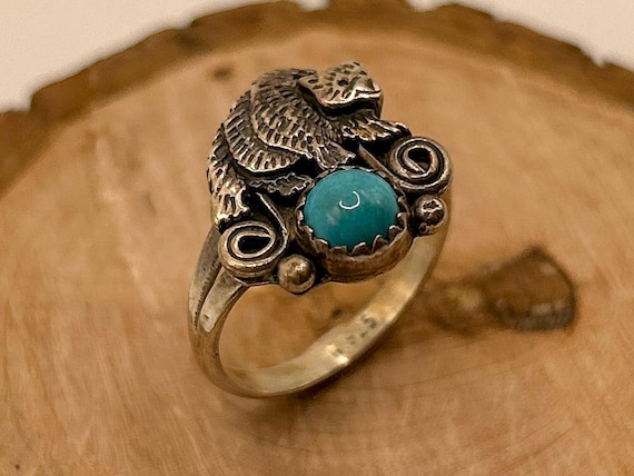 Vintage Navajo Sterling Silver Ring, Turquoise Bear Motif, Native American Jewelry