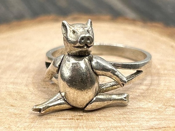 Articulated Pig Ring Sterling Silver 925 Animal Motif Vintage