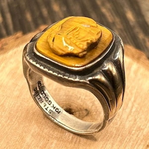 Vintage Tiger&#39;s Eye Soldier Cameo Ring, Sterling Silver and 10K Gold Accents, Size 10, Handcrafted Artisan Jewelry