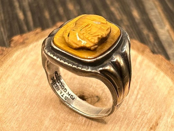 Vintage Tiger's Eye Soldier Cameo Ring, Sterling Silver and 10K Gold Accents, Size 10, Handcrafted Artisan Jewelry