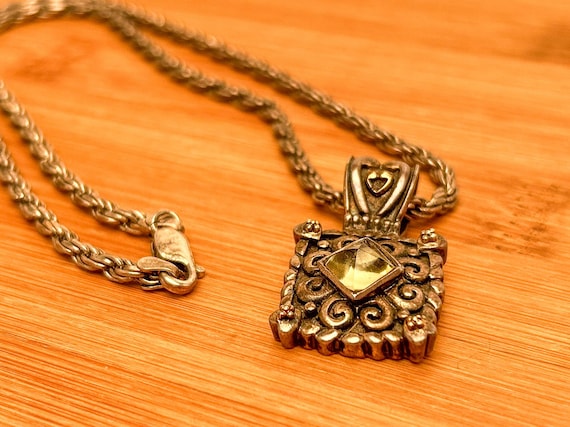 Vintage Joiella Sterling Silver Pendant with 14k Gold Accents on Italian 925 Patina Chain, Peridot-Like Stone, 20-Inch Necklace