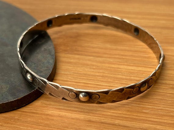 Vintage Hand Made Sterling Silver Geometric Bangle Bracelet - 8 Inch - Artisan Crafted Statement Piece