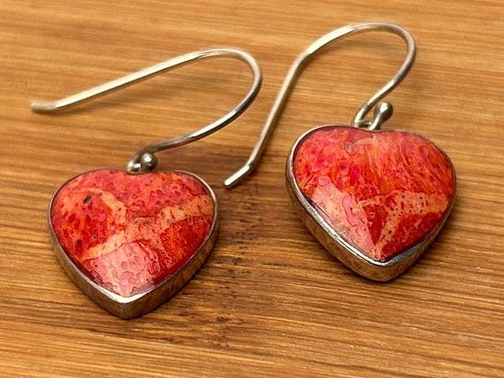 Vintage Red Coral Heart Earrings, Sterling Silver, Romantic Gift, 925, Valentine's Day