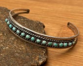 Vintage Turquoise Row Cuff Bracelet | Sterling Silver Navajo Style Split Shank | 7-Inch Southwestern Jewelry
