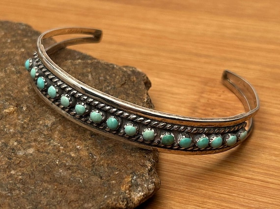 Vintage Turquoise Row Cuff Bracelet | Sterling Silver Navajo Style Split Shank | 7-Inch Southwestern Jewelry