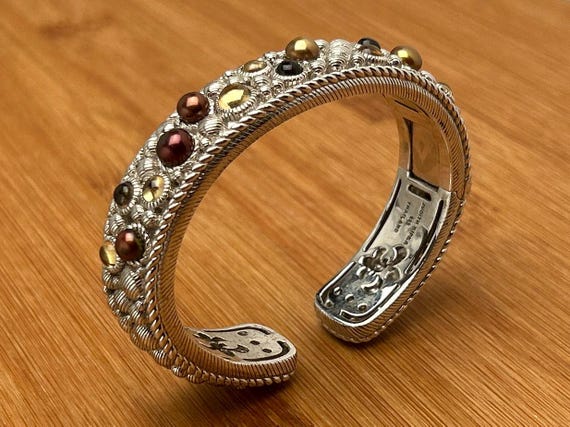 Vintage Judith Ripka Sterling Silver Hinged Cuff Bracelet with Citrine, Smoky Quartz, Pearls, Roped Border, Fleur de Lis