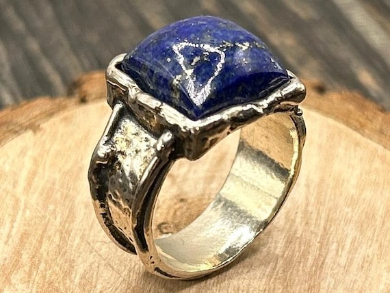 Vintage Israeli Sterling Silver Lapis Lazuli Ring | Brutalist Modernist Statement | Size 8 | Signed 925 Israel