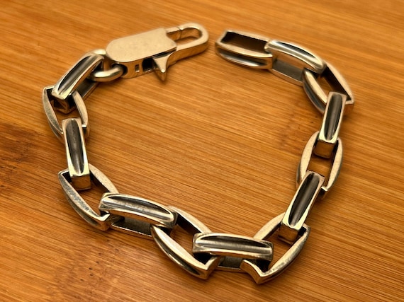 Mens Heavy Sterling Silver Link Bracelet 9.5 Inch 56g Vintage Modernist Industrial Chain