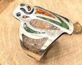 Vintage Mexican Silver Inlay Owl Ring, Size 8 3/4, Jahila Sco, Southwest Style