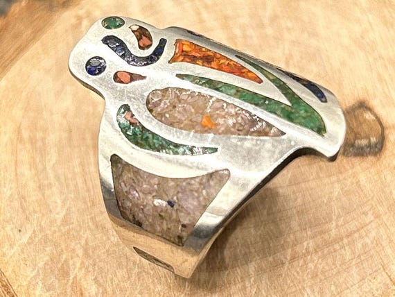 Vintage Mexican Silver Inlay Owl Ring, Size 8 3/4, Jahila Sco, Southwest Style
