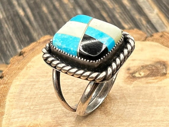 Southwestern Inlay Sterling Silver Ring | Vintage Geometric Statement Jewelry