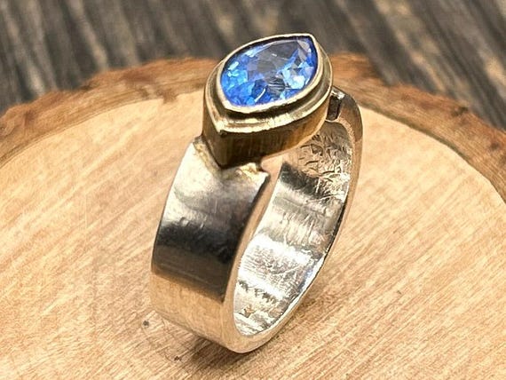 Modernist Mixed Metal Ring Sterling Silver 14k Gold Bezel Marquise Blue Topaz Artisan Statement Band