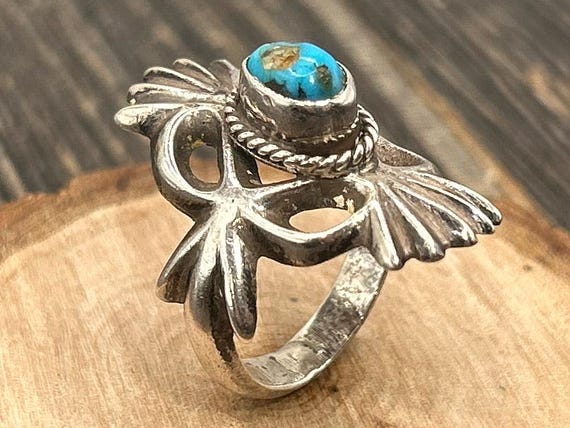 Native American Sandcast Sterling Silver Turquoise Ring Size 8 Thunderbird Design