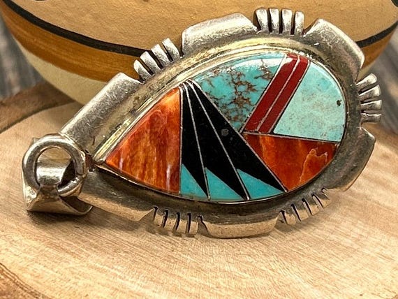 Southwest Sterling Silver Multistone Inlay Pendant Spiny Oyster Turquoise Jet Teardrop 9.4g Signed Larry Loretto LL Zuni Style
