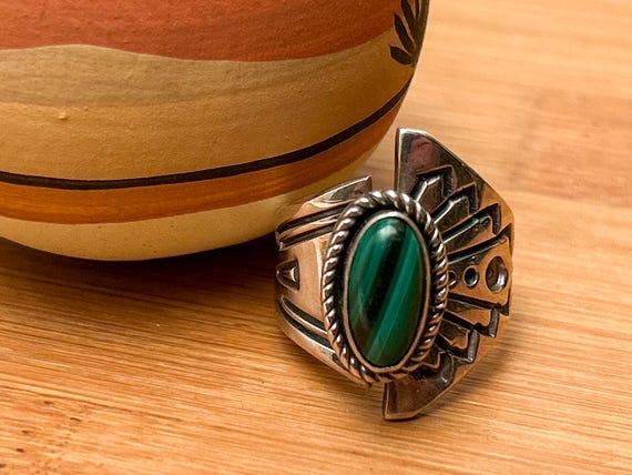 Vintage Navajo Malachite Sterling Silver Adjustable Ring by Francis Fred, Modernist Native American Jewelry