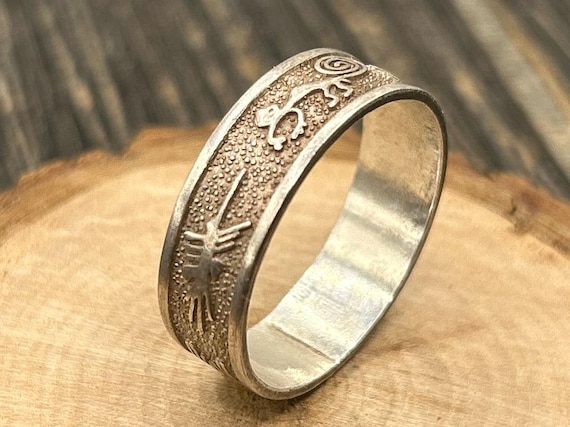 Petroglyph Band Ring Size 13 1/4 | Artisan Southwestern Style Men's Jewelry 950 Silver