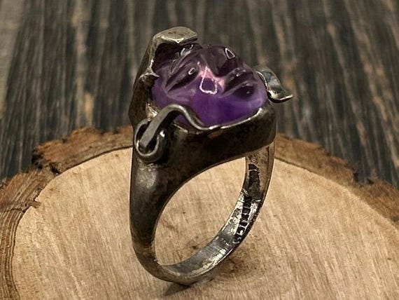 Vintage Taxco Mexico 950 Silver Amethyst Carved Aztec Mayan Face Ring