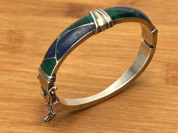 Vintage Malachite Lapis Inlay Silver Bangle, Mexican Taxco Style Bracelet, Size 7