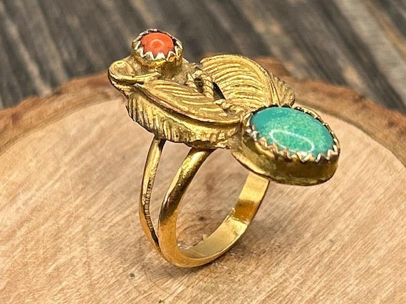 Vintage 12K Gold Filled Ring Turquoise and Coral Gemstone Duo Southwestern Leaf Design Signed AJ
