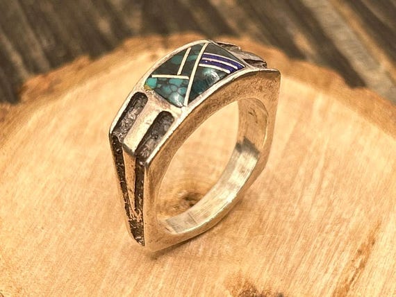Vintage B.G. Mudd Sterling Silver Inlay Ring with Turquoise, Lapis & Onyx, Size 6 1/2, 8g