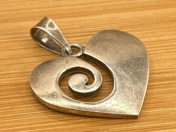Vintage Mexican Sterling Silver Spiral Heart Pendant, Modernist Taxco Style Corazon
