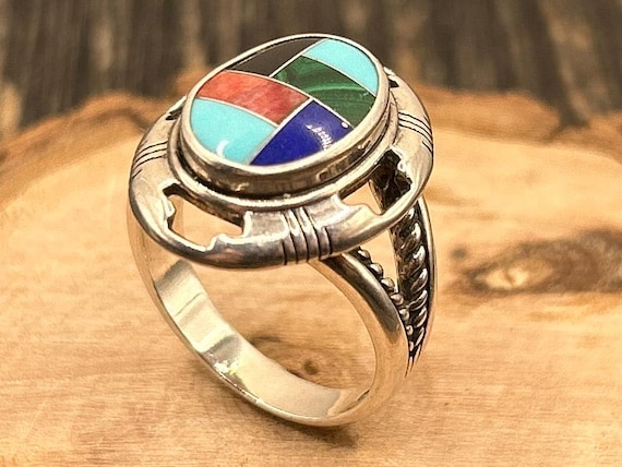 Carolyn Pollack Relios Navajo-Inspired Sterling Silver Inlay Ring with Turquoise, Coral, Malachite, and Lapis Lazuli – Size 6 3/4