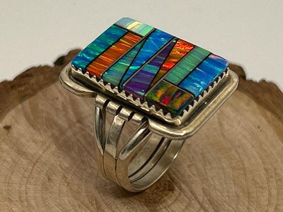 Southwestern Opal Inlay Ring Sterling Silver Multi Color Geometric Mosaic Size 7 1/4