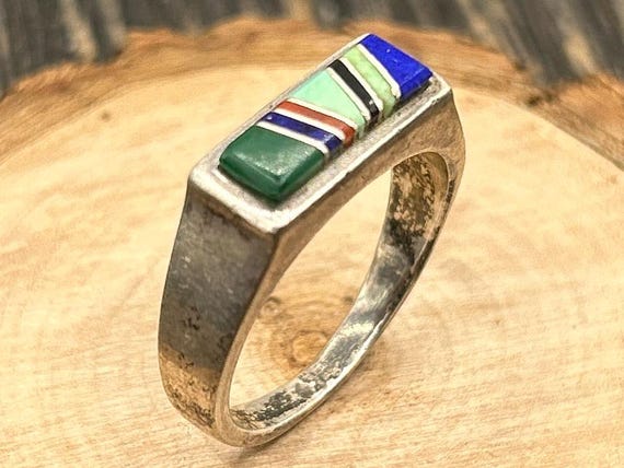 Vintage Southwestern Geometric Inlay Ring | Sterling Silver Zuni Style Gemstone | Size 10 Statement Ring