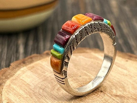 Sterling Silver Southwest Inlay Band Ring Size 8.75 Multi Stone Spiny Oyster Turquoise Gaspeite Cobblestone Style Textured