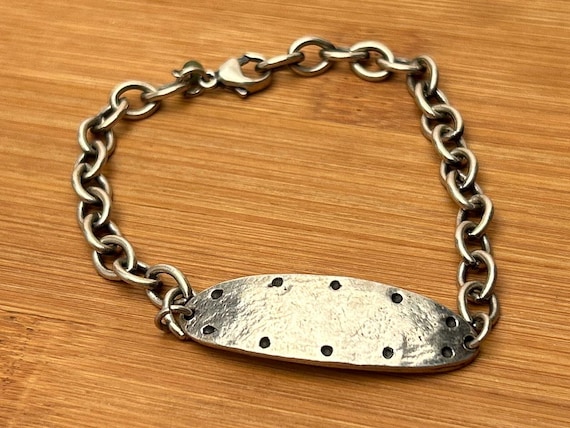 Heavy Sterling Silver ID Bracelet by Wasabi - Unisex Hammered Plate & Chain