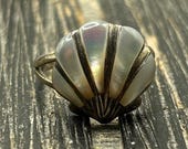 Exquisite Vintage Mother of Pearl Sterling Silver Statement Ring, Size 7.5, Unique Maker's Mark
