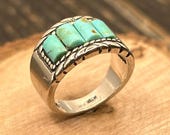 Navajo-Inspired Sterling Silver Turquoise Inlay Ring, Handmade Southwestern Jewelry, Size 6, 7.22 Grams