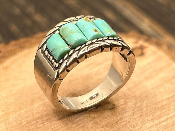 Navajo-Inspired Sterling Silver Turquoise Inlay Ring, Handmade Southwestern Jewelry, Size 6, 7.22 Grams